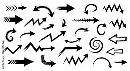 Arrows set with various black styles and directions featuring pointers, navigation, graphic elements with vector