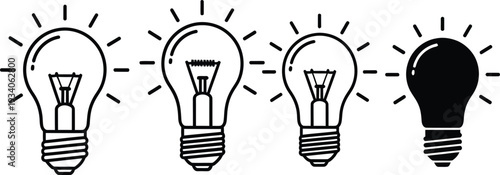 Light bulb ideas concept icons with one black bulb and three outline bulbs symbolizing inspiration