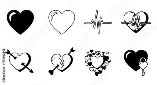 Hearts icon set with various black designs and symbols featuring heart, design, symbol with love and valentine elements