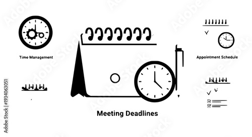 Clocks and calendar icons representing time management and deadlines featuring clock, meeting, deadline with schedule