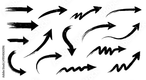 Arrows hand drawn set with black curved lines and grunge scrawls featuring vector, illustration, design with art and