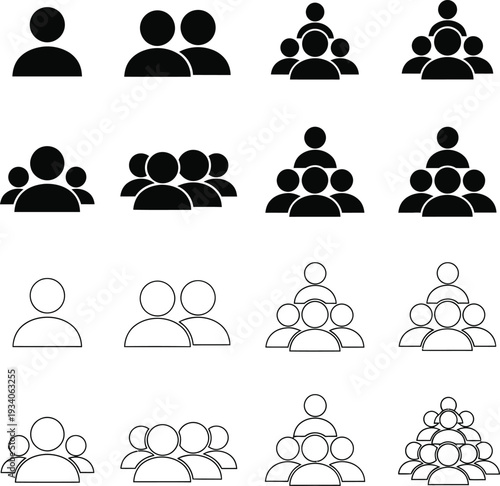 People group icons in various arrangements from single user to large teams shown in both solid black and thin line outline versions