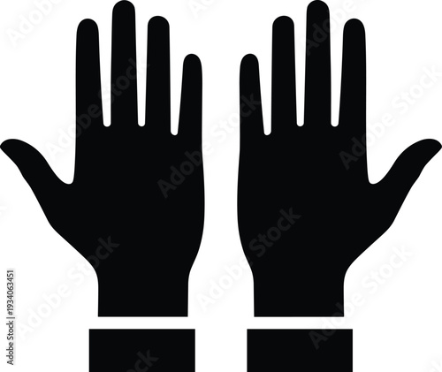 Black silhouette of two open human hands in a prayer or supplication position for religious concepts, spiritual hope, helping hand, and peaceful communication vector.