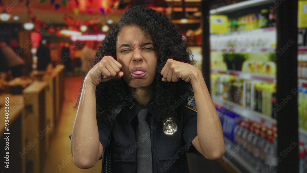 Fototapeta premium Young hispanic police officer in dark blue uniform with badge pressing fists against eyes in building corridor beside refrigerated display; sadness.