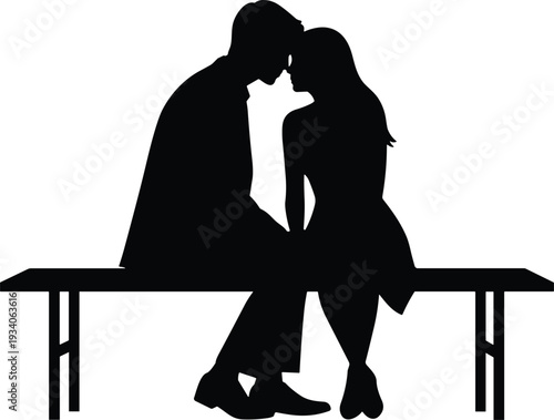 Black silhouette of two people sitting closely on bench, touching foreheads, symbolizing love, intimacy, affection, romantic connection, human relationship, emotional bond illustration concept