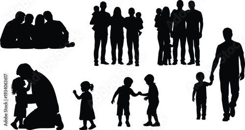 Happy family silhouette collection set, parents and children bonding isolated on white background vector illustration bundle