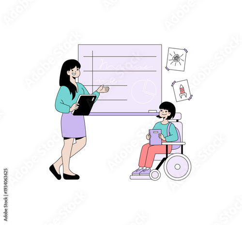 Teacher Explaining Lesson to Student in Wheelchair Vector