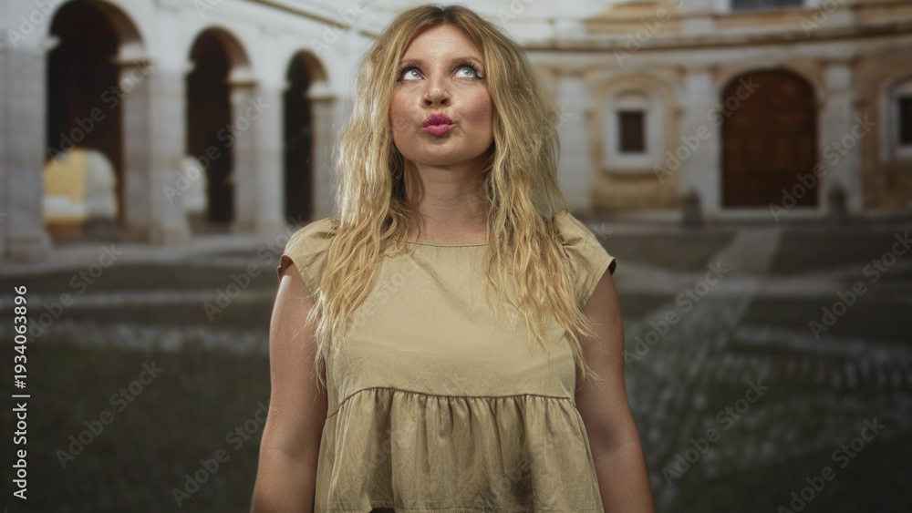 Fototapeta premium Woman pouting lips and gazing upward in a beige sundress before an old stone building courtyard under soft sunlight; playfulness curiosity.