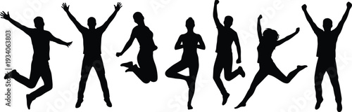 Happy people jumping silhouettes in celebration, energetic men and women expressing joy success and freedom illustration