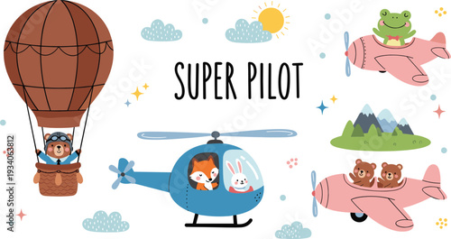 Cute Super Pilot Animals Adventure Collection with Hot Air Balloon Helicopter Airplane and Cartoon Sky Elements Vector