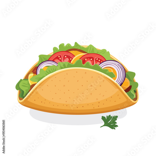 Freshly prepared taco with vegetables on white background
