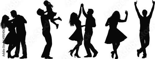 Happy family and couples silhouettes dancing and celebrating together, black vector illustration isolated on white background