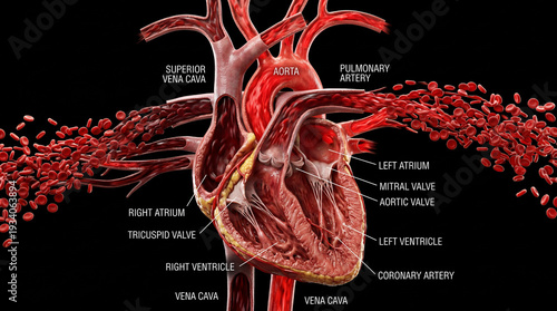 Detailed Anatomical Illustration of the Human Heart with Blood Flow.