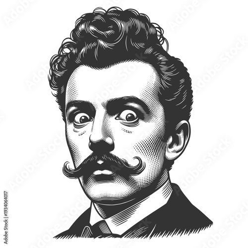 startled man with curled mustache and wide eyes sketch engraving generative ai fictional character vector illustration. Scratch board imitation. Black and white image.