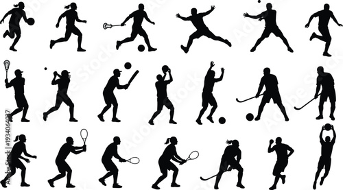 Black silhouettes of athletes performing diverse sports activities including basketball, soccer, baseball, volleyball, tennis, lacrosse, American football, symbolizing competition