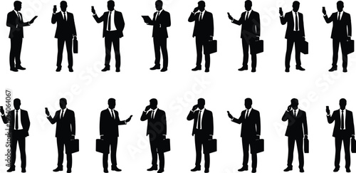 Black silhouettes of businesspeople in suits holding briefcases and mobile devices, symbolizing modern communication, technology, professionalism, corporate lifestyle, teamwork