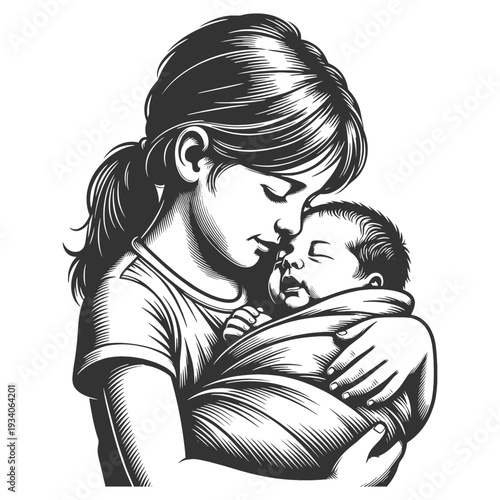 loving sister cradling her newborn baby brother, expressing tenderness, family bond and sibling care sketch engraving generative ai vector illustration. Scratch board imitation. Black and white image.