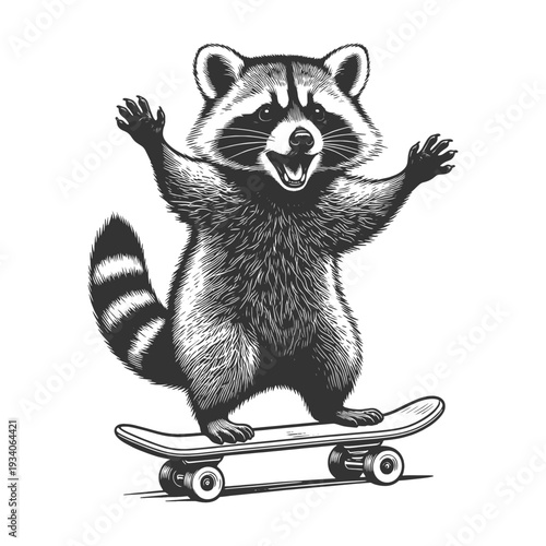 playful raccoon riding a skateboard with raised paws sketch engraving generative ai fictional character vector illustration. Scratch board imitation. Black and white image.