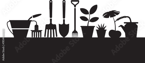 Black silhouette gardening tools and plants on table
