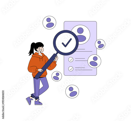 Woman Analyzing User Profiles with Magnifying Glass