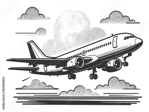 commercial passenger airplane taking off among clouds, symbolizing travel, aviation and global transportation sketch engraving generative ai vector illustration. Scratch board. Black and white image.