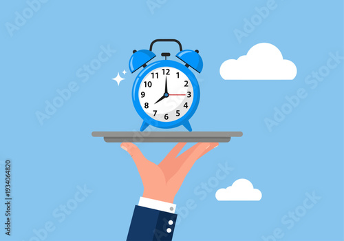A smartly dressed hand extends upwards against a serene, cloud-dotted blue sky, balancing a smooth silver tray that proudly presents a bright blue vintage alarm clock striking precisely eight o'clock