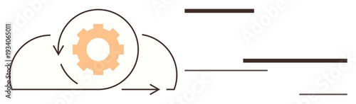 Cloud computing, automation, data sync, IT systems, workflow optimization, technology processes. Orange gear inside a cloud with arrows. Cloud computing and automation concept