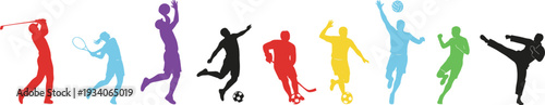Colorful silhouettes of athletes performing diverse sports activities including golf, tennis, basketball, soccer, volleyball, running, martial arts, symbolizing fitness, energy, competition