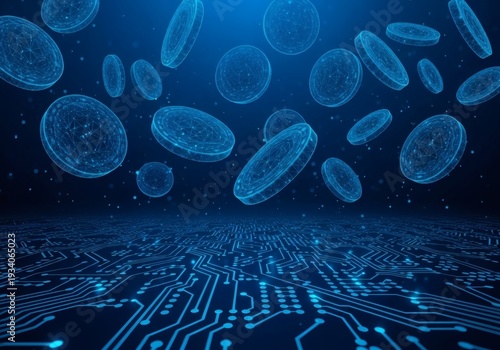 Digital Blood Cells Flowing Over a Circuit Board in a Futuristic Medical Technology Concept.
