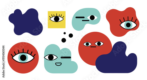Abstract shapes with eyes and faces in a playful composition.