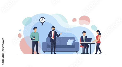 Business people working in an office setting with a sofa and clock.