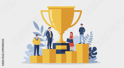 Business people celebrating success on podium with trophy.