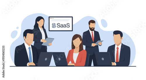 Business professionals collaborating in a meeting discussing SaaS solutions.
