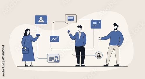 Business professionals collaborating on a network of interconnected digital services.