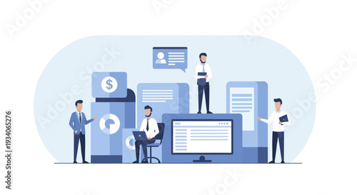 Business professionals collaborating on financial and data management tasks.