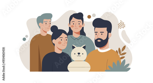 Diverse family group with beloved pet cat illustration.