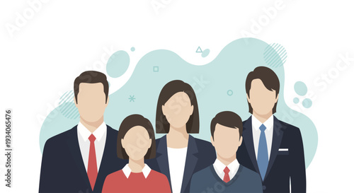 Diverse group of business professionals standing together in formal attire.