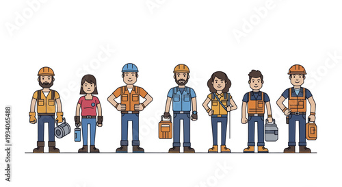 Diverse Group of Construction Workers and Tradespeople Standing Together.