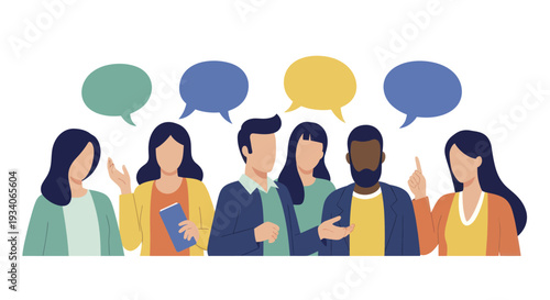 Diverse group of people communicating with speech bubbles above their heads.