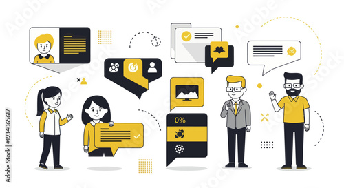 Diverse group of people engaged in communication and business interactions.