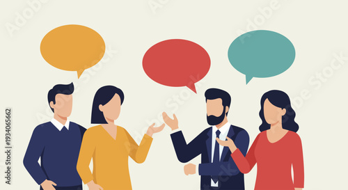 Diverse group of people engaged in conversation with speech bubbles above their heads.