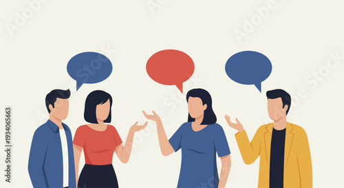Diverse group of people engaged in lively conversation with speech bubbles.