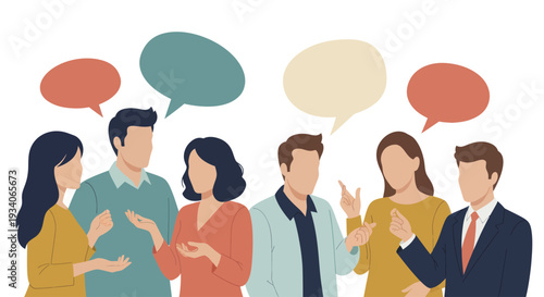 Diverse group of people engaged in conversation with speech bubbles above their heads.