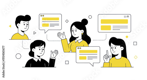 Diverse group of people engaged in online communication and discussion.