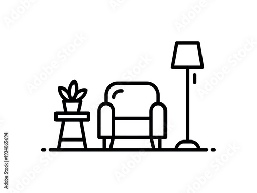 Simple Line Drawing of Cozy Living Room with Chair, Plant, and Lamp