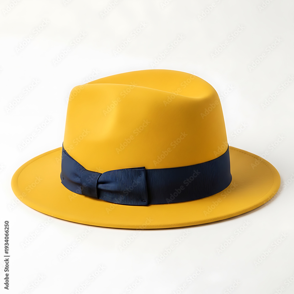 Fototapeta premium A stylish yellow fedora hat with a blue patterned band for a fashionable look isolated on white background