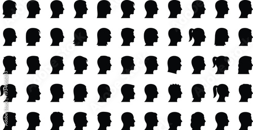 Grid of diverse black silhouette human head profiles facing left, representing variation in hairstyle, facial features, identity, diversity, recognition, design icons illustration concept