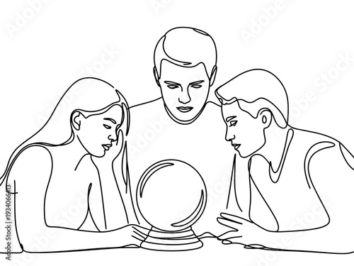 Line drawing of people looking crystal ball, fortune telling, mystic, and insight together