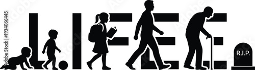 Human Life Cycle Silhouette Illustration from Baby to Elderly Man with Cane and Grave Symbol, Concept of Aging, Growth and Mortality