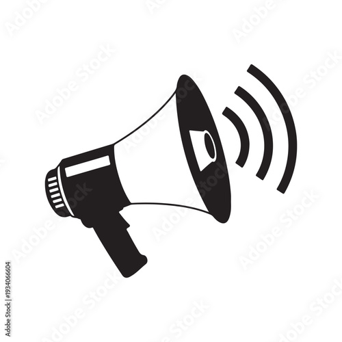 Black megaphone icon with sound waves, symbolizing loud announcement or public message.